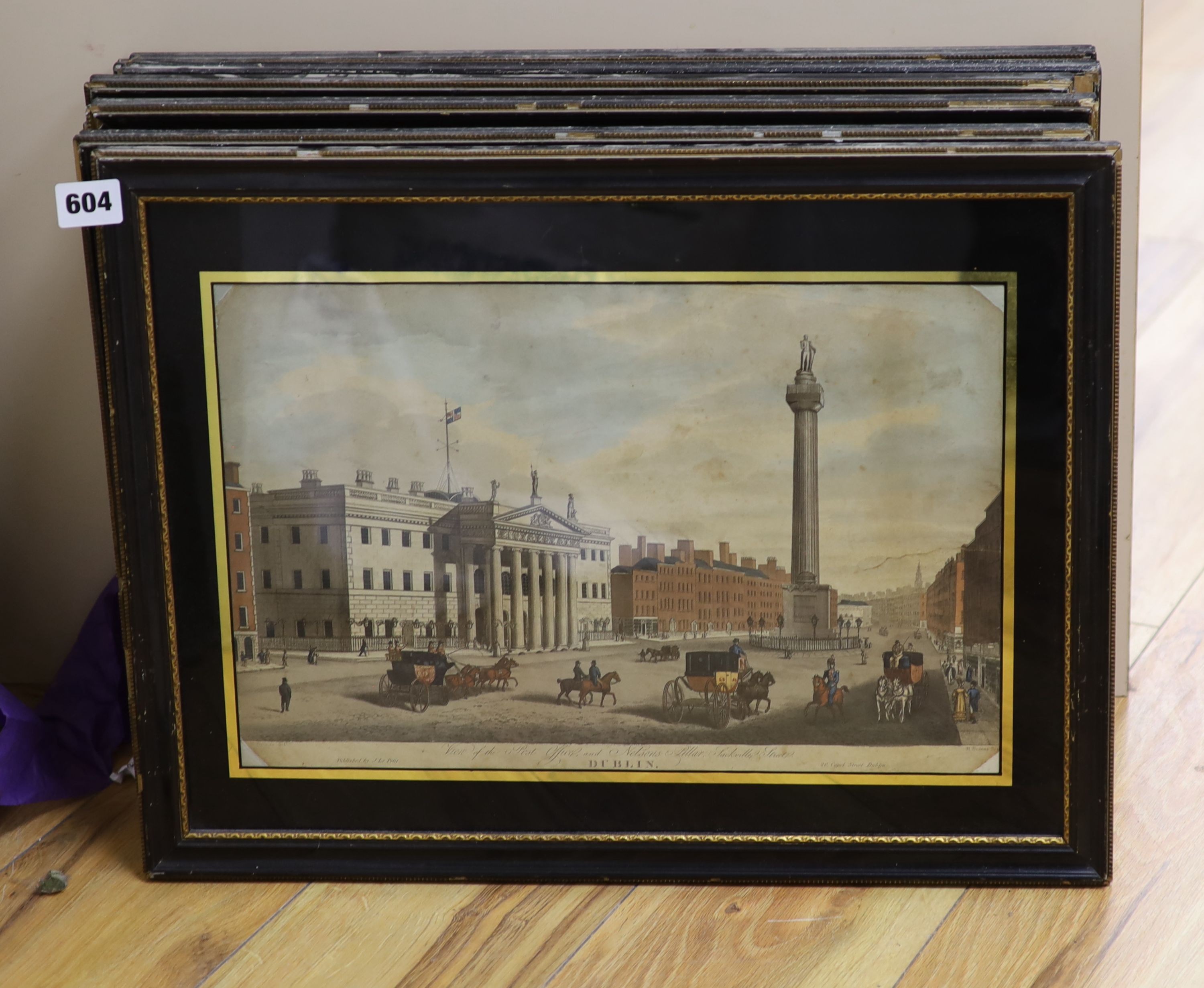 Henry Brocas Jnr. (1798-1853) after Samuel Brocas, set of eight coloured engravings, Topographical views of Dublin, 26 x 39cm, eglomise framed